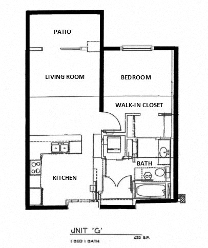 Floor plan for 1 bed, 1 bath, 700 sqft